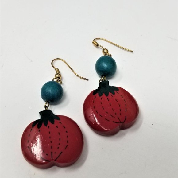 Handmade Jewelry - Pumpkin Painted Wood Earrings Pierced